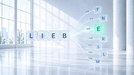 Buchstabenkacheln L-I-E-B mit Wahrscheinlichkeitswerten für mögliche nächste Buchstaben; E (0,42) ist grün als wahrscheinlichster Kandidat markiert.