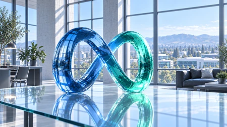 Blau-türkises Meta-Logo (Unendlichkeitsschleife) auf einem Glastisch in einem hellen Büro mit großen Fenstern, Blick auf Palo Alto.