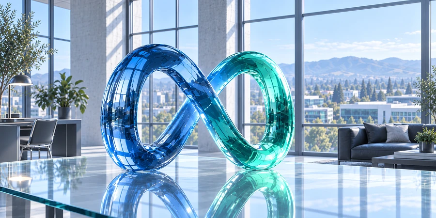 Blau-türkises Meta-Logo (Unendlichkeitsschleife) auf einem Glastisch in einem hellen Büro mit großen Fenstern, Blick auf Palo Alto. KI-generiertes Bild