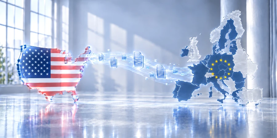Digitale Darstellung der USA und der EU mit fließenden Dokumenten-Symbolen zwischen den Kontinenten. KI-generiertes Bild
