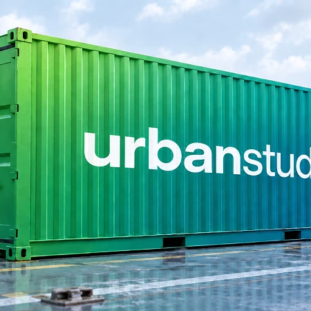Ein grüner Frachtcontainer mit dem weißen Schriftzug urbanstudio auf einem Hafenplatz. Als Symbolbild für Docker-Container