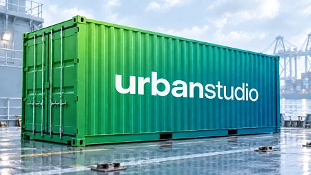 Ein grüner Frachtcontainer mit dem weißen Schriftzug urbanstudio auf einem Hafenplatz. Als Symbolbild für Docker-Container