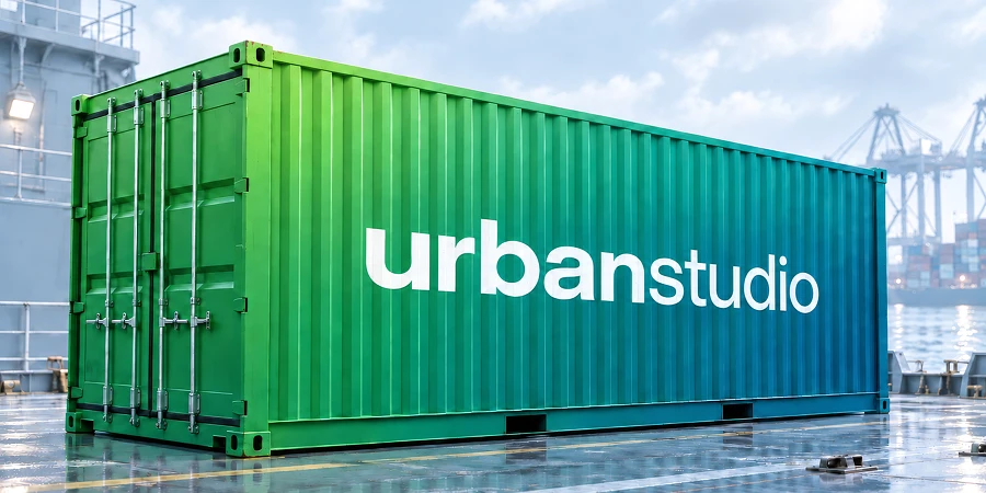 Ein grüner Frachtcontainer mit dem weißen Schriftzug urbanstudio auf einem Hafenplatz. Als Symbolbild für Docker-Container KI-generiertes Bild