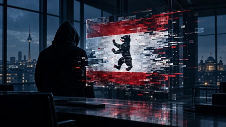 Silhouette einer Person betrachtet eine digital fragmentierte Flagge mit dem Berliner Bären in einem dunklen Büro.