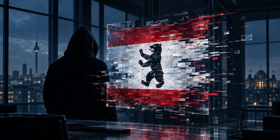 Silhouette einer Person betrachtet eine digital fragmentierte Flagge mit dem Berliner Bären in einem dunklen Büro. KI-generiertes Bild