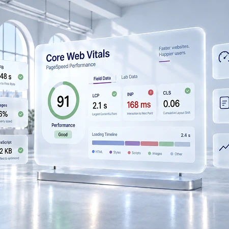 Ein digitales Display zeigt Core Web Vitals Metriken und PageSpeed Performance Daten in einem hellen Büro.