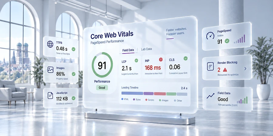 Ein digitales Display zeigt Core Web Vitals Metriken und PageSpeed Performance Daten in einem hellen Büro. KI-generiertes Bild