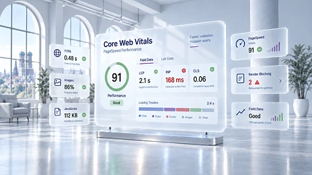 Ein digitales Display zeigt Core Web Vitals Metriken und PageSpeed Performance Daten in einem hellen Büro.