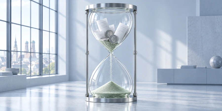Eine Sanduhr mit Euro-Münzen und Papierdokumenten in einem modernen, hellen Raum. Symbolbild für Digitalisierungsförderung, der die Zeit abläuft. KI-generiertes Bild