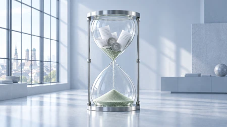 Eine Sanduhr mit Euro-Münzen und Papierdokumenten in einem modernen, hellen Raum. Symbolbild für Digitalisierungsförderung, der die Zeit abläuft.
