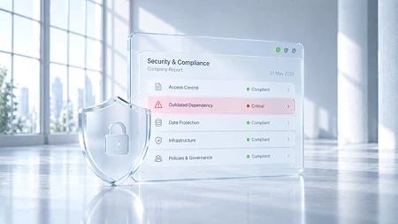 Ein digitales Dashboard mit Sicherheitsstatus und einem gläsernen Schild mit Schloss-Symbol vor einem hellen Hintergrund.
