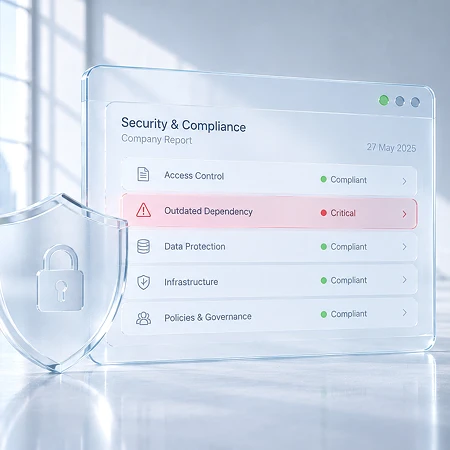 Ein digitales Dashboard mit Sicherheitsstatus und einem gläsernen Schild mit Schloss-Symbol vor einem hellen Hintergrund.