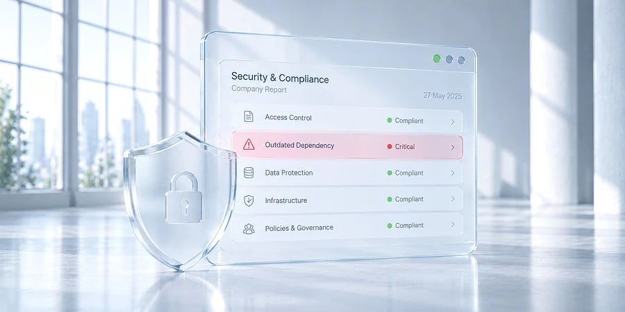 Ein digitales Dashboard mit Sicherheitsstatus und einem gläsernen Schild mit Schloss-Symbol vor einem hellen Hintergrund. KI-generiertes Bild