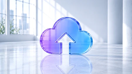 Ein transparentes, blaues Cloud-Symbol mit einem nach oben gerichteten Pfeil auf einem glänzenden Boden.