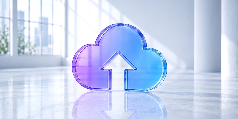 Ein transparentes, blaues Cloud-Symbol mit einem nach oben gerichteten Pfeil auf einem glänzenden Boden. KI-generiertes Bild
