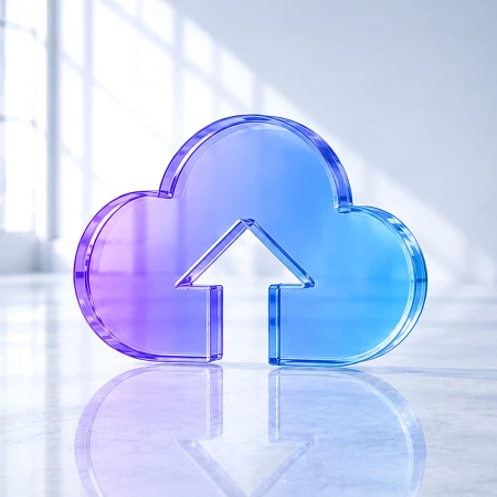 Ein transparentes, blaues Cloud-Symbol mit einem nach oben gerichteten Pfeil auf einem glänzenden Boden.