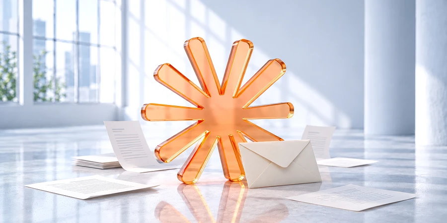 Das abstrahierte Anthropic-Logo in orangefarbene Glas-Optik, umgeben von weißen Briefumschlägen und Papieren auf einem reflektierenden Boden. KI-generiertes Bild