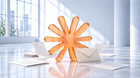 Das abstrahierte Anthropic-Logo in orangefarbene Glas-Optik, umgeben von weißen Briefumschlägen und Papieren auf einem reflektierenden Boden.