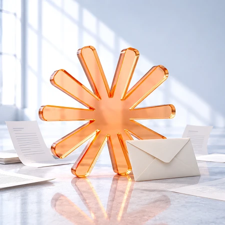 Das abstrahierte Anthropic-Logo in orangefarbene Glas-Optik, umgeben von weißen Briefumschlägen und Papieren auf einem reflektierenden Boden.