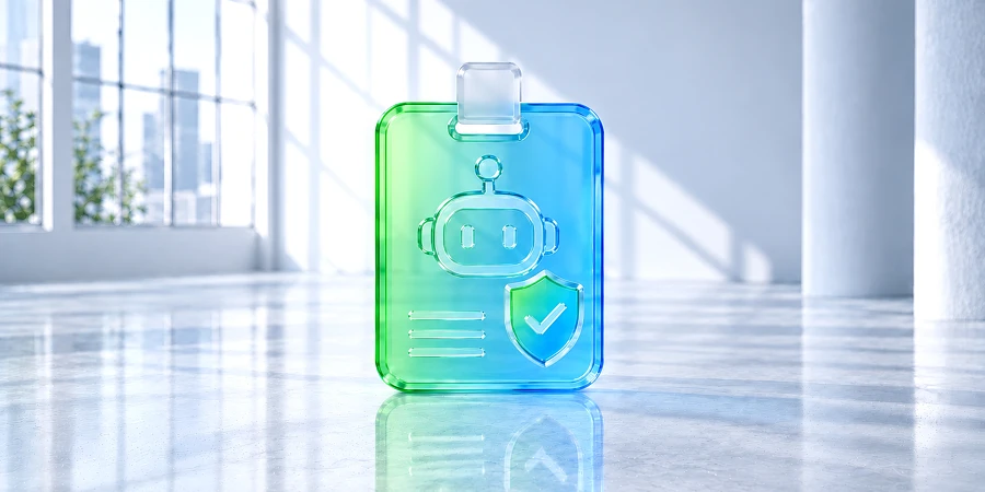 Eine transparente, leuchtende ID-Karte mit einem Roboter-Icon und einem Schild-Symbol auf einem hellen, reflektierenden Boden. KI-generiertes Bild
