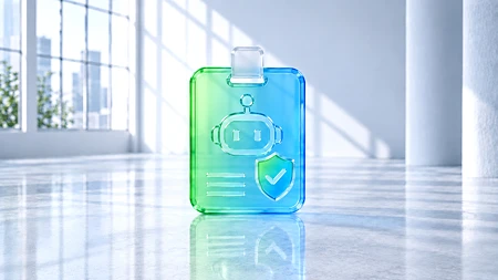 Eine transparente, leuchtende ID-Karte mit einem Roboter-Icon und einem Schild-Symbol auf einem hellen, reflektierenden Boden.