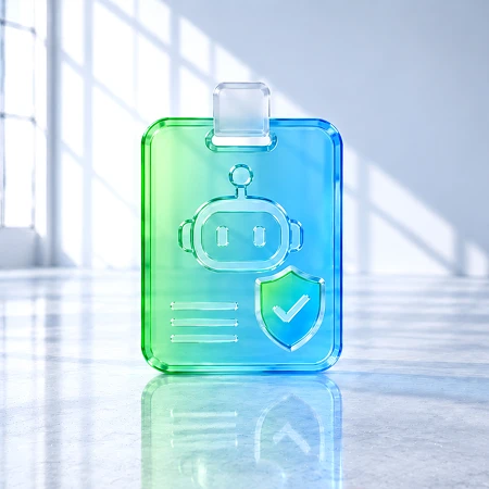 Eine transparente, leuchtende ID-Karte mit einem Roboter-Icon und einem Schild-Symbol auf einem hellen, reflektierenden Boden.