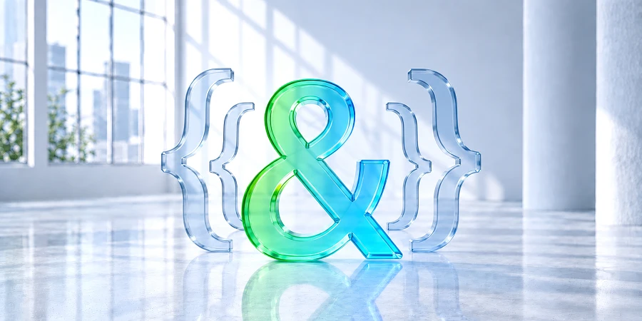 Ein grünes Et-Zeichen (Ampersand) zwischen blauen, gläsernen geschweiften Klammern auf einem reflektierenden Boden. KI-generiertes Bild