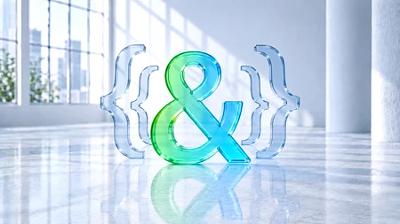 Ein grünes Et-Zeichen (Ampersand) zwischen blauen, gläsernen geschweiften Klammern auf einem reflektierenden Boden.