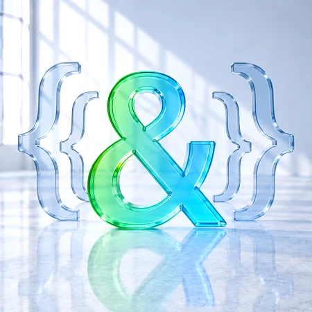 Ein grünes Et-Zeichen (Ampersand) zwischen blauen, gläsernen geschweiften Klammern auf einem reflektierenden Boden.