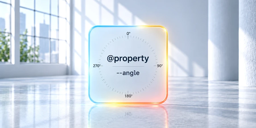 Ein leuchtendes, quadratisches Glasobjekt mit einem Gradmesser und dem Text @property --angle in einem hellen Raum. KI-generiertes Bild