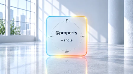Ein leuchtendes, quadratisches Glasobjekt mit einem Gradmesser und dem Text @property --angle in einem hellen Raum.