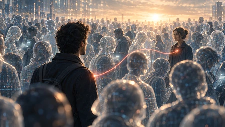 Ein Mann blickt auf eine Menge aus leuchtenden, digitalen Hologrammen in einer futuristischen Stadt bei Sonnenuntergang.