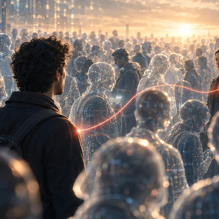 Ein Mann blickt auf eine Menge aus leuchtenden, digitalen Hologrammen in einer futuristischen Stadt bei Sonnenuntergang.