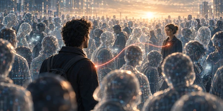 Ein Mann blickt auf eine Menge aus leuchtenden, digitalen Hologrammen in einer futuristischen Stadt bei Sonnenuntergang.