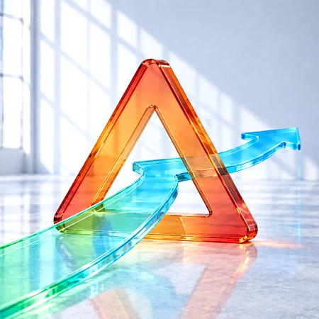 Gläsernes orange-rotes Warndreieck in einem hellen Loft, durch das ein blau-grüner Pfeil nach vorn führt – als Symbol für das Spannungsfeld zwischen KI-Risiken und Zuversicht in technologischen Fortschritt.