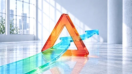 Gläsernes orange-rotes Warndreieck in einem hellen Loft, durch das ein blau-grüner Pfeil nach vorn führt – als Symbol für das Spannungsfeld zwischen KI-Risiken und Zuversicht in technologischen Fortschritt.