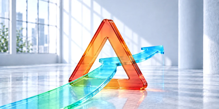 Gläsernes orange-rotes Warndreieck in einem hellen Loft, durch das ein blau-grüner Pfeil nach vorn führt – als Symbol für das Spannungsfeld zwischen KI-Risiken und Zuversicht in technologischen Fortschritt. KI-generiertes Bild