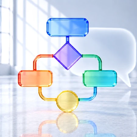 Farbiges gläsernes Flussdiagramm im Vordergrund, dahinter eine zurücktretende Sprechblase aus Milchglas: Symbol für den Wandel vom Prompt zum KI-System.
