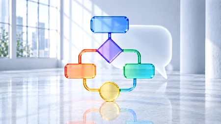 Farbiges gläsernes Flussdiagramm im Vordergrund, dahinter eine zurücktretende Sprechblase aus Milchglas: Symbol für den Wandel vom Prompt zum KI-System.