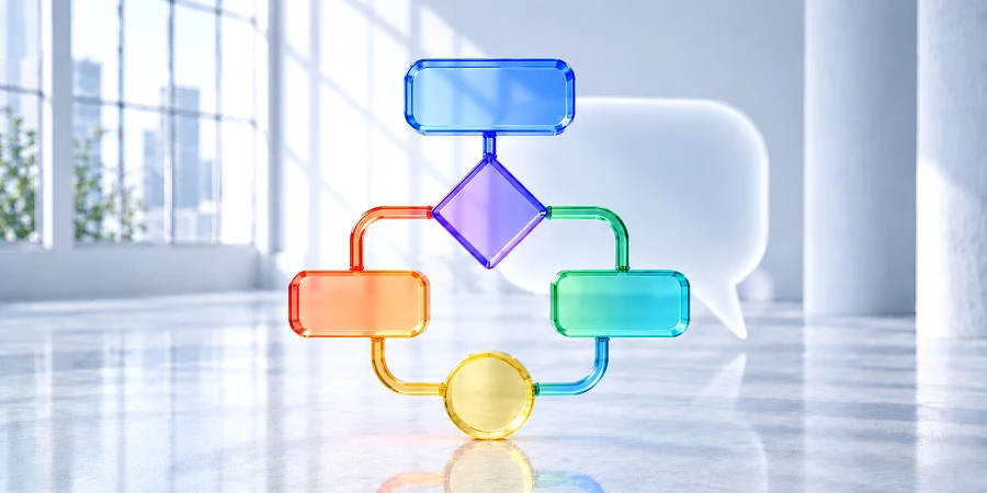 Farbiges gläsernes Flussdiagramm im Vordergrund, dahinter eine zurücktretende Sprechblase aus Milchglas: Symbol für den Wandel vom Prompt zum KI-System. KI-generiertes Bild