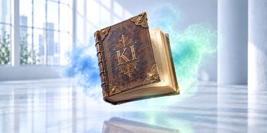Ein altes, verziertes Buch mit der Aufschrift KI, das in blauem Nebel schwebt. Sinnbildlich für die geliehenen Wörter der Künstlichen Intelligenz. KI-generiertes Bild