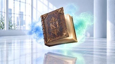 Ein altes, verziertes Buch mit der Aufschrift KI, das in blauem Nebel schwebt. Sinnbildlich für die geliehenen Wörter der Künstlichen Intelligenz.