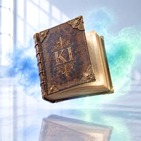 Ein altes, verziertes Buch mit der Aufschrift KI, das in blauem Nebel schwebt. Sinnbildlich für die geliehenen Wörter der Künstlichen Intelligenz.