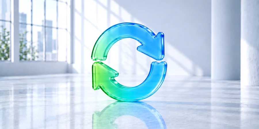 Blau-grünes, gläsernes Loop-Symbol aus zwei kreisförmig angeordneten Pfeilen in einem hellen Loft. Es visualisiert Loop Engineering: KI arbeitet in wiederkehrenden Schleifen aus Ausführung, Rückmeldung und Prüfung. KI-generiertes Bild
