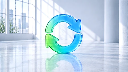 Blau-grünes, gläsernes Loop-Symbol aus zwei kreisförmig angeordneten Pfeilen in einem hellen Loft. Es visualisiert Loop Engineering: KI arbeitet in wiederkehrenden Schleifen aus Ausführung, Rückmeldung und Prüfung.