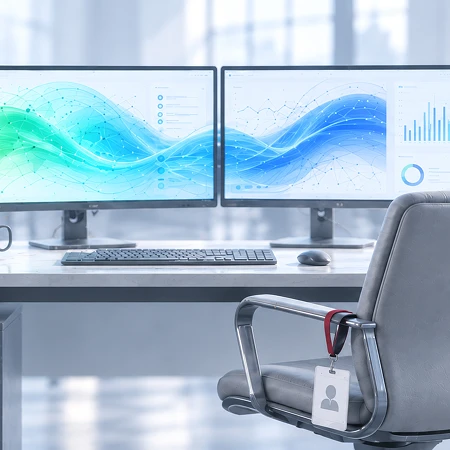Leerer Bürostuhl mit Mitarbeiterausweis vor zwei weiterlaufenden Monitoren; das menschenleere, blau-graue Großraumbüro verschwimmt im Hintergrund.