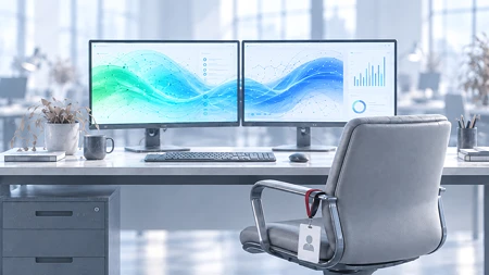 Leerer Bürostuhl mit Mitarbeiterausweis vor zwei weiterlaufenden Monitoren; das menschenleere, blau-graue Großraumbüro verschwimmt im Hintergrund.