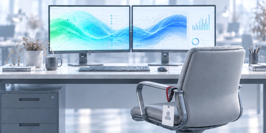 Leerer Bürostuhl mit Mitarbeiterausweis vor zwei weiterlaufenden Monitoren; das menschenleere, blau-graue Großraumbüro verschwimmt im Hintergrund. KI-generiertes Bild