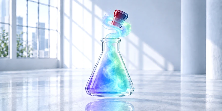 Ein transparenter Erlenmeyerkolben, aus dem ein blau-grüner Lichtgeist entweicht, während darüber ein farbiger Glasstopfen schwebt – Sinnbild für wissenschaftliches Wissen zwischen Offenheit und drohendem Verschluss. KI-generiertes Bild