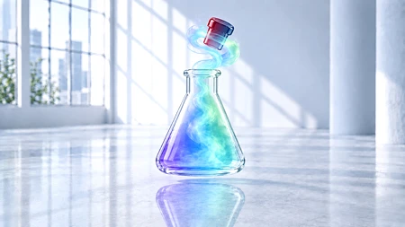 Ein transparenter Erlenmeyerkolben, aus dem ein blau-grüner Lichtgeist entweicht, während darüber ein farbiger Glasstopfen schwebt – Sinnbild für wissenschaftliches Wissen zwischen Offenheit und drohendem Verschluss.